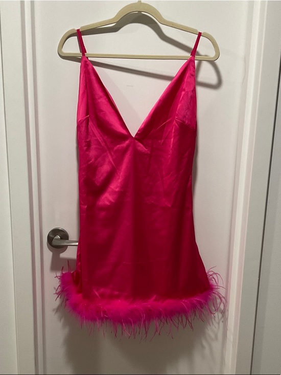 Peppermayo Dresses & Skirts - Peppermayo Hot Pink Satin Mini dress with Feather Hem